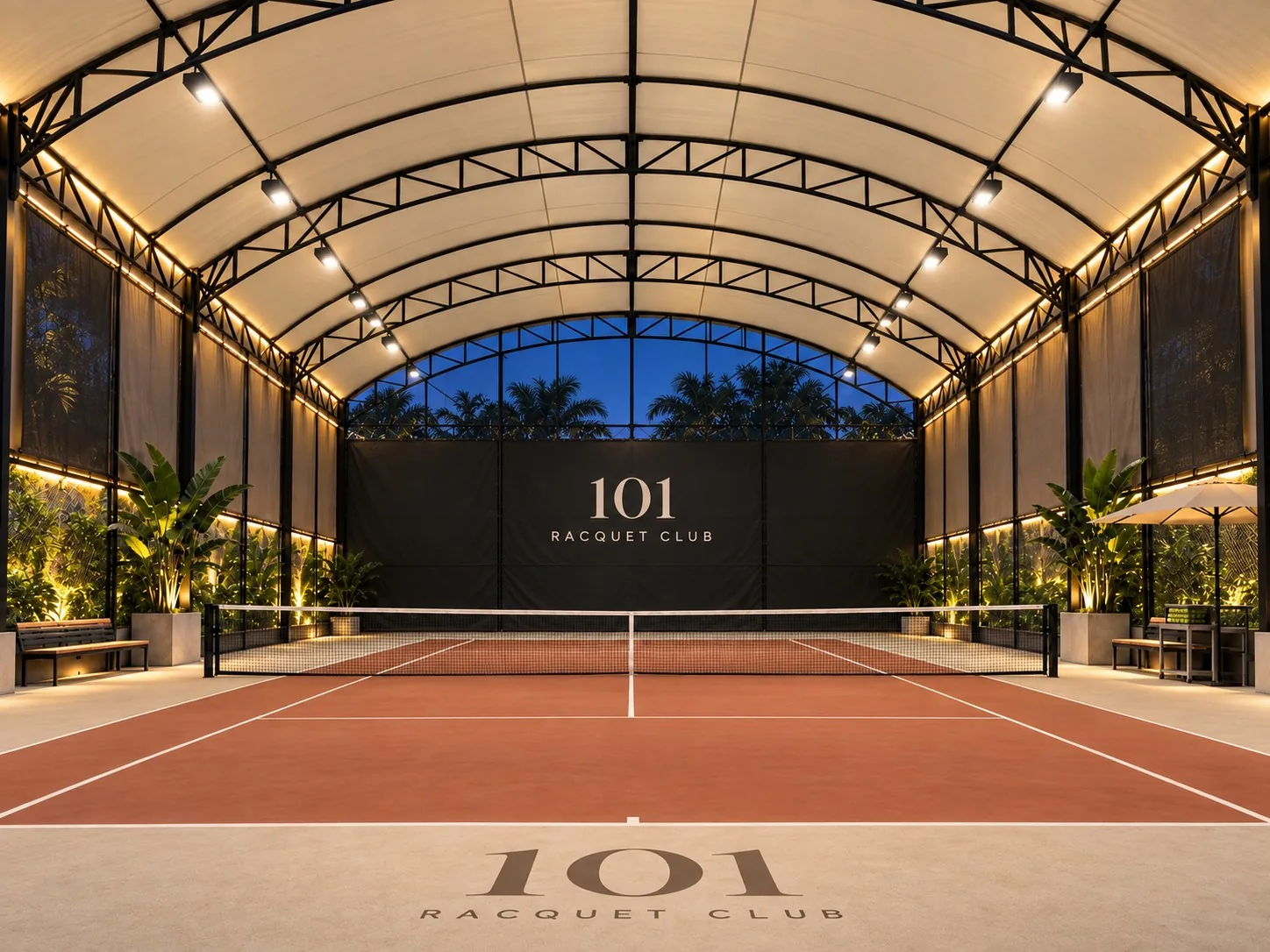 Terracotta tennis court beneath the ivory tent, with trees and warm evening lighting