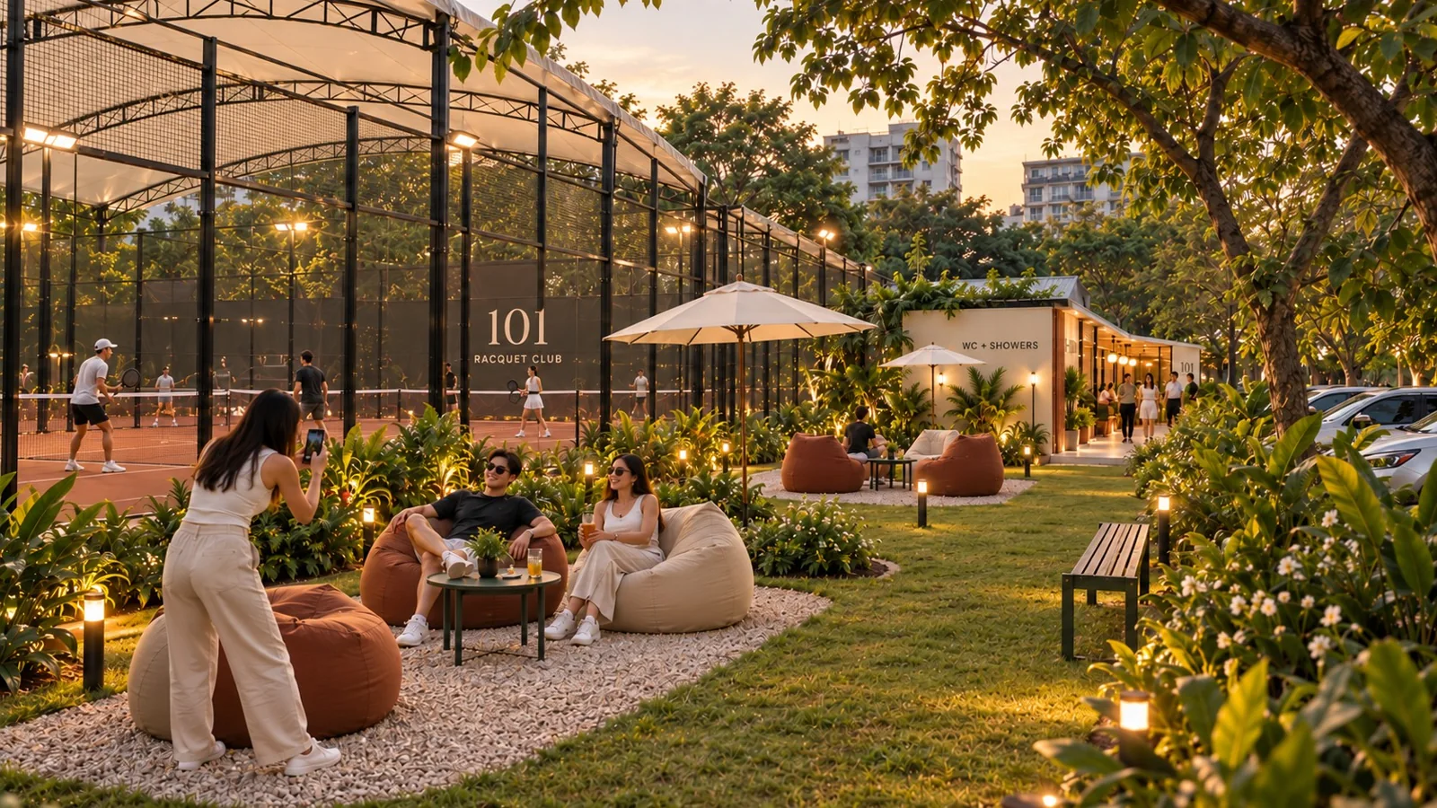 Beanbag seating in the tree-filled club garden concept