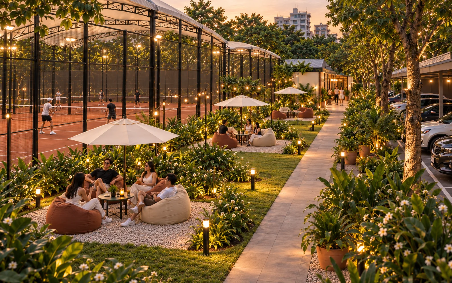 Cosy courtside garden with beanbags, umbrellas, mature trees and warm lights